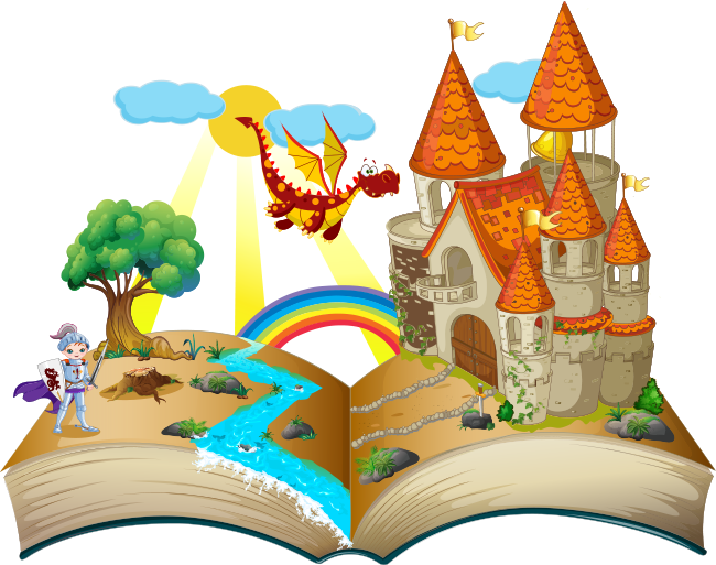 Illustration of an open book with a fairy tale scene